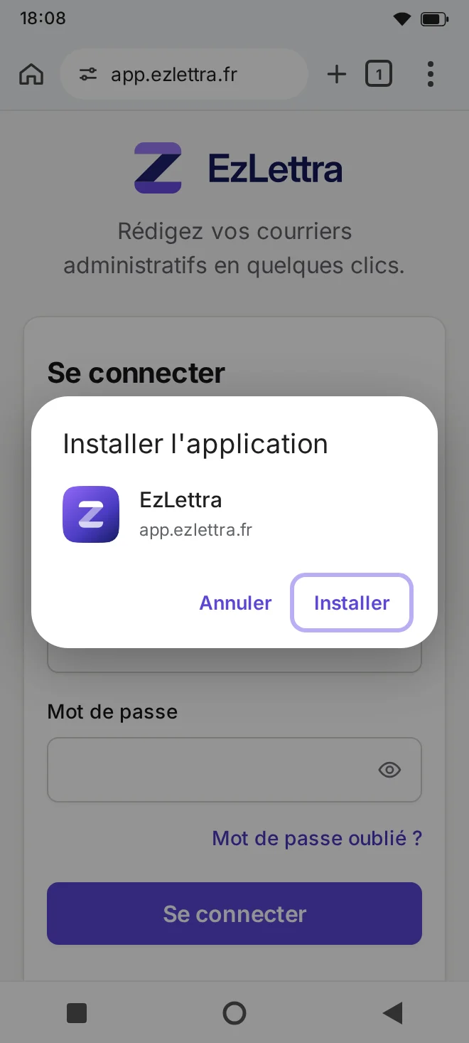 Confirmation finale de l'installation d'EzLettra sur Android