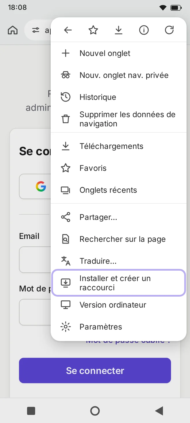 Menu Chrome ouvert avec l'option Installer et créer un raccourci