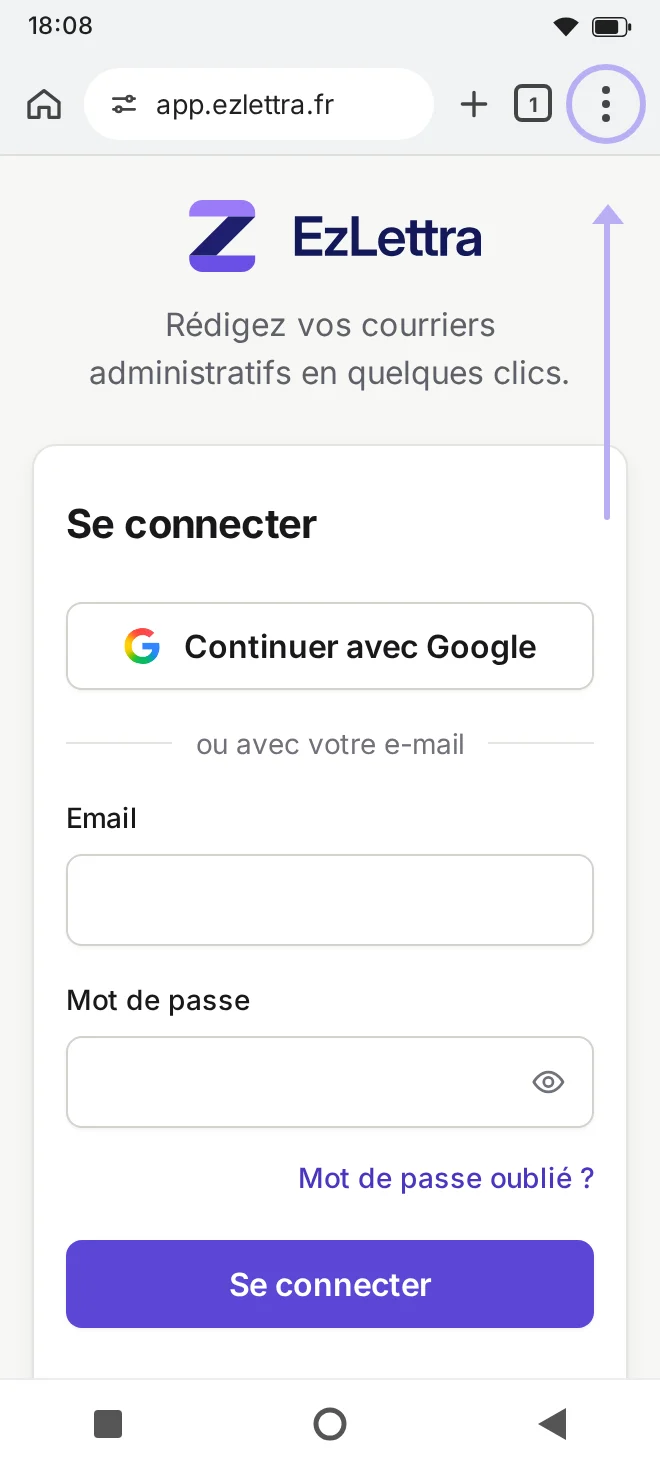 Page EzLettra ouverte dans Chrome sur Android, menu à trois points visible en haut à droite