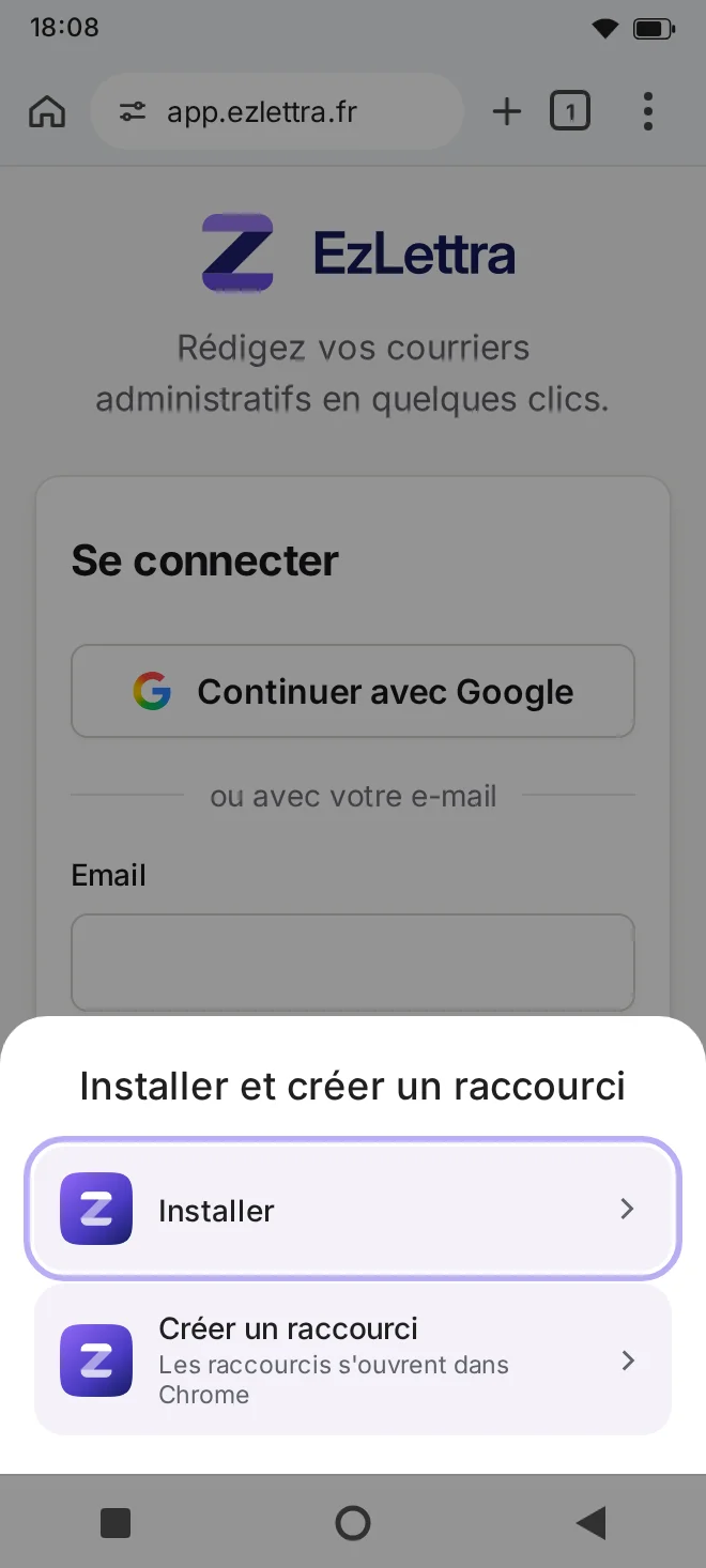 Écran d'installation d'EzLettra avec le bouton Installer