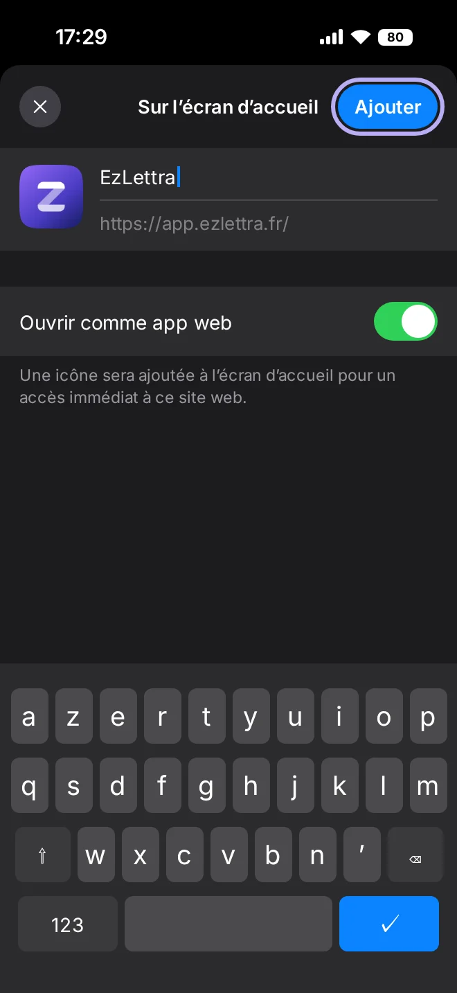 Bouton Ajouter signalé sur l'écran de confirmation iOS