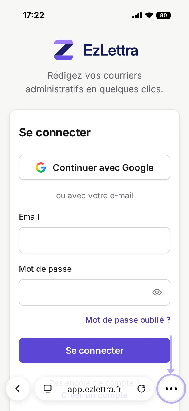 Bouton à trois points signalé en bas à droite de Safari, sur la page EzLettra