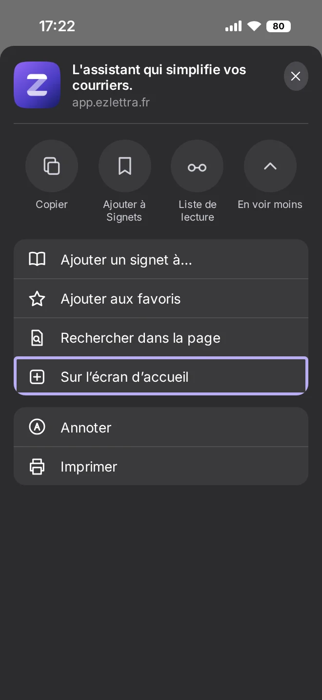 Option Sur l'écran d'accueil signalée dans la feuille de partage iOS