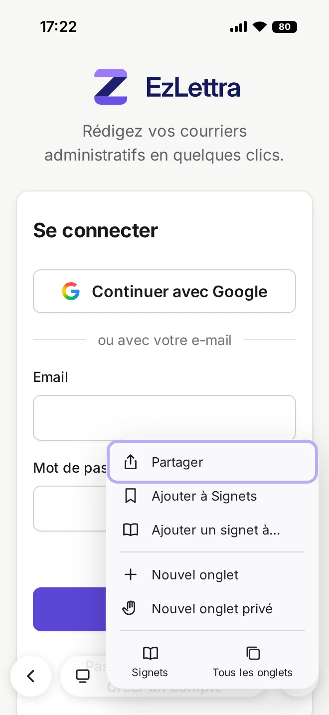 Commande Partager signalée dans le menu du navigateur